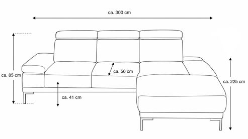Ecksofa Interliving aus Stoff in Hellgrau Interliving Sofa Serie 4251 – Ecksofa mit Funktionen platinfarbener Bezug Vaneo 7 & schwarze Metallfüße 4.26 – Stellfläche ca. 300 x 225 cm