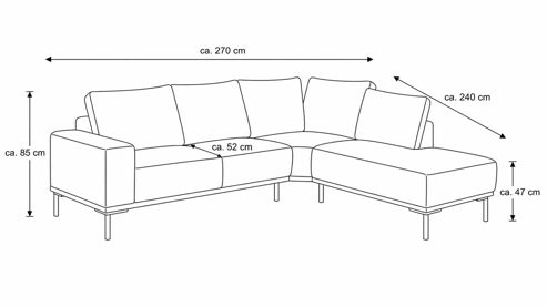Ecksofa Interliving aus Stoff in Hellgrau Interliving Sofa Serie 4255 – Ecksofa silberfarbener Bezug Mara 9 & schwarze Metallfüße 4.26 - Stellfläche ca. 270 x 240 cm