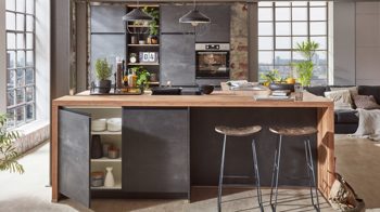 Einbauküche Nobilia® aus Holz in Schwarz nobilia® Einbauküche Laser mit AEG Einbaugeräten Schwarzbeton & Taxus – zweizeilig