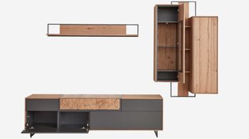Wohnwand Interliving aus Holz in Schwarz Interliving Wohnzimmer Serie 2106 – Wohnwand 620001 Schieferschwarz & Raucheiche, Metallkufen – fünfteilig, Breite ca. 287 cm