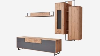 Wohnwand Interliving aus Holz in Schwarz Interliving Wohnzimmer Serie 2106 – Wohnwand 620001 Schieferschwarz & Raucheiche, Metallkufen – fünfteilig, Breite ca. 287 cm