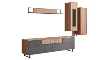 Wohnwand Interliving aus Holz in Schwarz Interliving Wohnzimmer Serie 2106 – Wohnwand 620001 Schieferschwarz & Raucheiche, Metallkufen – fünfteilig, Breite ca. 287 cm