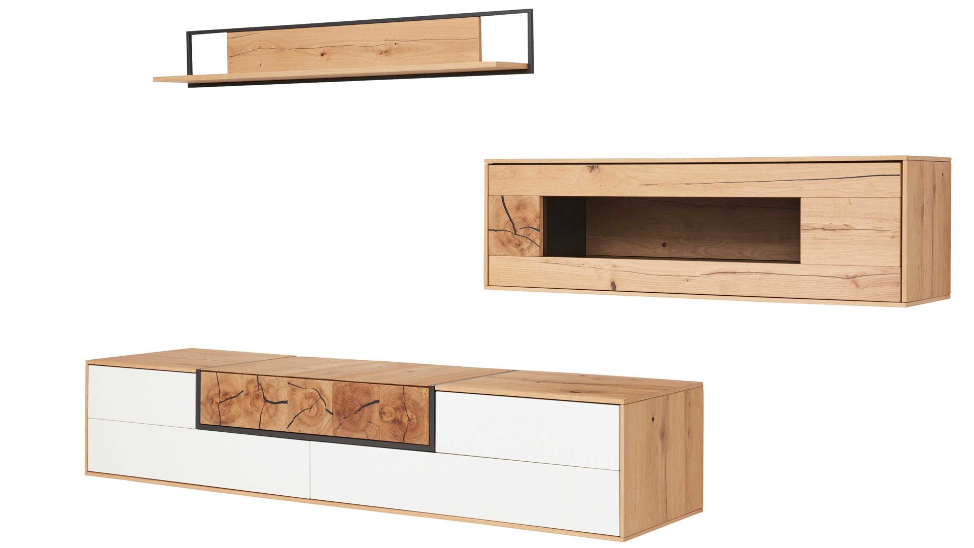 Wohnwand Interliving aus Holz in Weiß Interliving Wohnzimmer Serie 2106 – Wohnwand 620002W weißer Lack &  Asteiche – dreiteilig, Breite ca. 290 cm