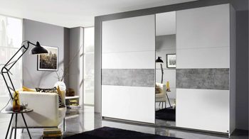 Kleiderschrank Rauch aus Holz in Grau rauch BLUE Schwebetürenschrank Korbach - Kleiderschrank Stone grey & Alpinweiß – zwei Türen, Breite ca. 218 cm