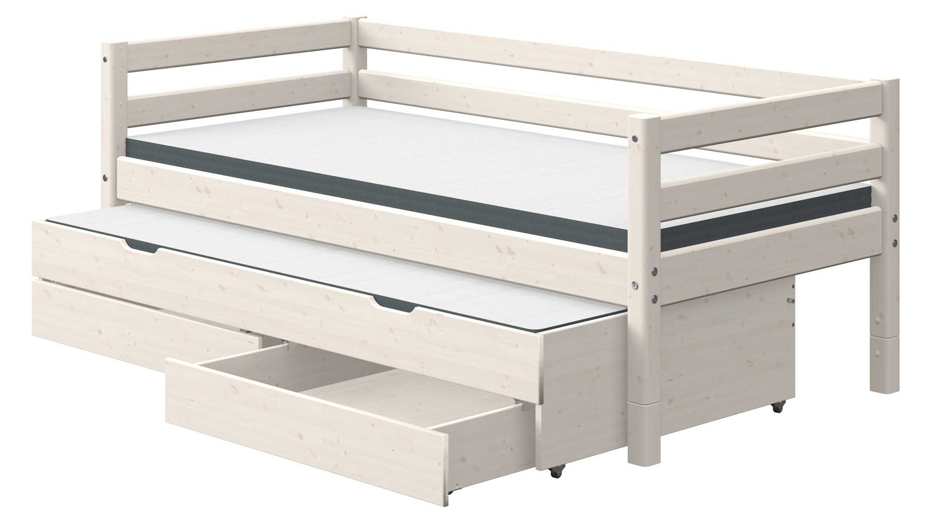 Bett Flexa aus Holz in Weiß FLEXA Classic Bett mit Ausziehbett und Schubladen 90x200 cm Kiefer massiv weiß lasiert - Liegefläche ca. 90 x 200 cm