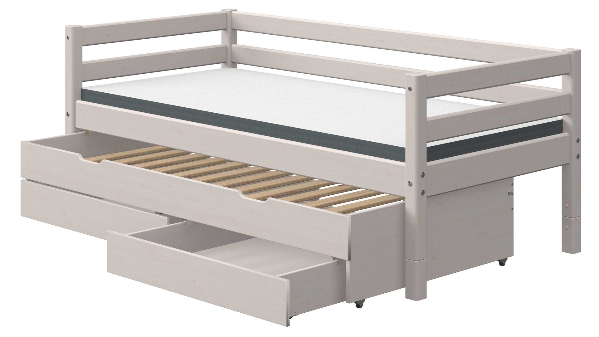 Einzelbett Flexa aus Holz in Hellgrau FLEXA Classic Bett mit Ausziehbett und Schubladen 90x200 cm Kiefer grau lasiert