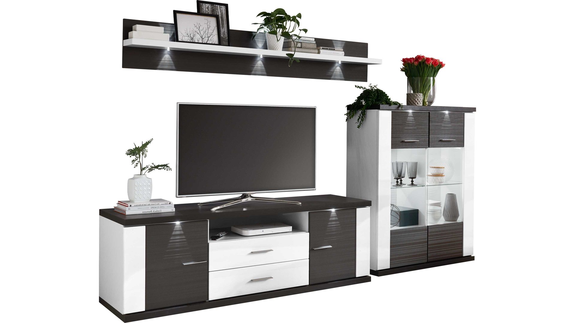 Wohnwand Ideal möbel aus Holz in Schwarz Wohnkombination Manhattan - Wohnwand Weiß & Graphit – dreiteilig, Breite ca. 294 cm