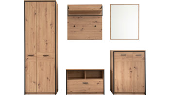 Garderoben-Set Mca furniture aus Holz in Holzfarben Garderobenserie Bergen – Komplett-Set Balkeneiche & Anthrazit – fünfteilig