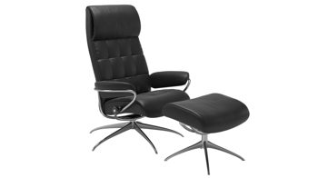 Sessel Ekornes aus Leder Metall in Schwarz Silber Stressless LONDON M Star High Back Relax-Sessel + Hocker Leder Leder Paloma Black, Gestell Star Aluminium