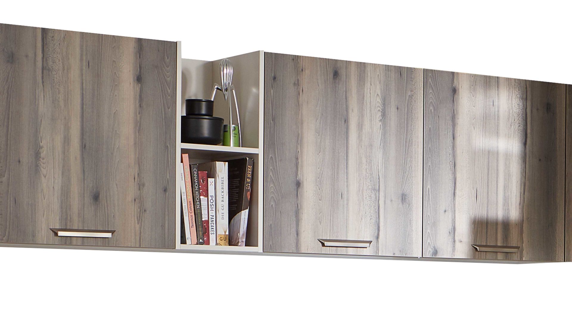 Einbauküche WERT KÜCHE® aus Holz in Beige WERT KÜCHE® Nora mit AEG Einbaugeräten Muschelweiß & Virginia Eiche – zweizeilig