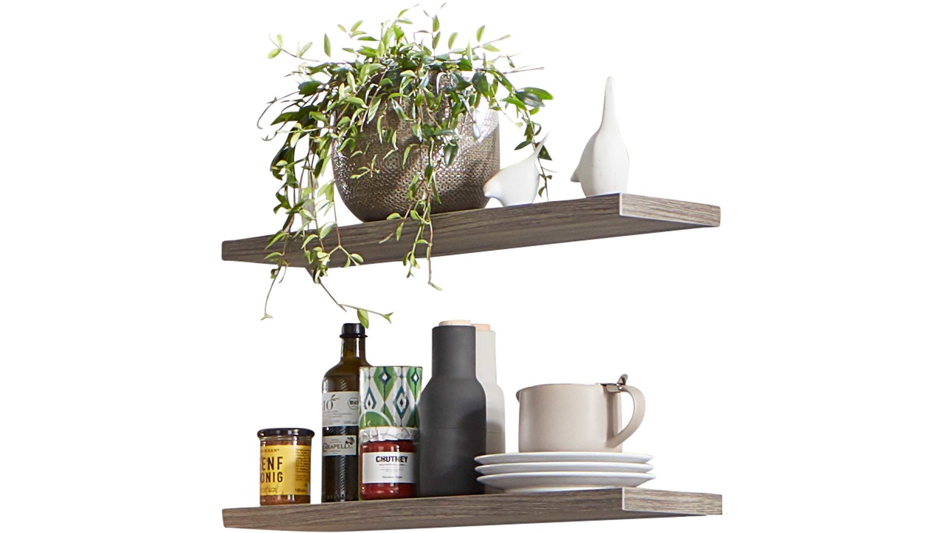 Einbauküche WERT KÜCHE® aus Holz in Beige WERT KÜCHE® Nora mit AEG Einbaugeräten Muschelweiß & Virginia Eiche – zweizeilig