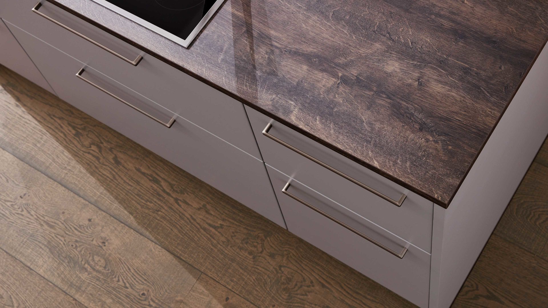 Einbauküche Interliving aus Holz in Grau Interliving Küche Serie 3028 mit Miele-Einbaugeräten Platingrau & Castell Eiche - zweizeilig