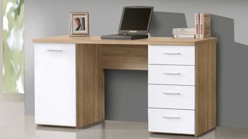 Schreibtisch Möbelvertrieb aus Holz Kunstharz MDF in Holzfarben Hell Schreibtisch mit 1 Tür und 4 Schubkästen Front weiß - Korpus Eiche Sonoma-Nachbildung