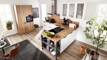 Einbauküche Interliving aus Holz in Weiß Interliving Küche Serie 3029 mit AEG-Einbaugeräten Mattweiß, Quarzgrau & Vulkaneiche - zweizeilig