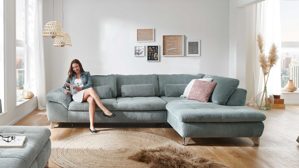 Ecksofa Megapol aus Stoff in Hellblau Megapol Polstergarnitur VS-MP1028 - Ecksofa aquafarbener Cord & Metallfüße - Stellfläche ca. 306 x 197 cm
