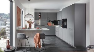 Einbauküche Nobilia® aus Holz in Grau nobilia® Einbauküche Senso mit Elektrogeräten, z. B.  Kühlschrank Schiefergrau - zweiteilig