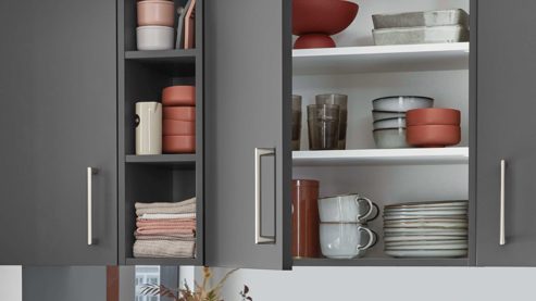 Einbauküche Nobilia® aus Holz in Grau nobilia® Einbauküche Senso mit Elektrogeräten, z. B.  Kühlschrank Schiefergrau - dreizeilig