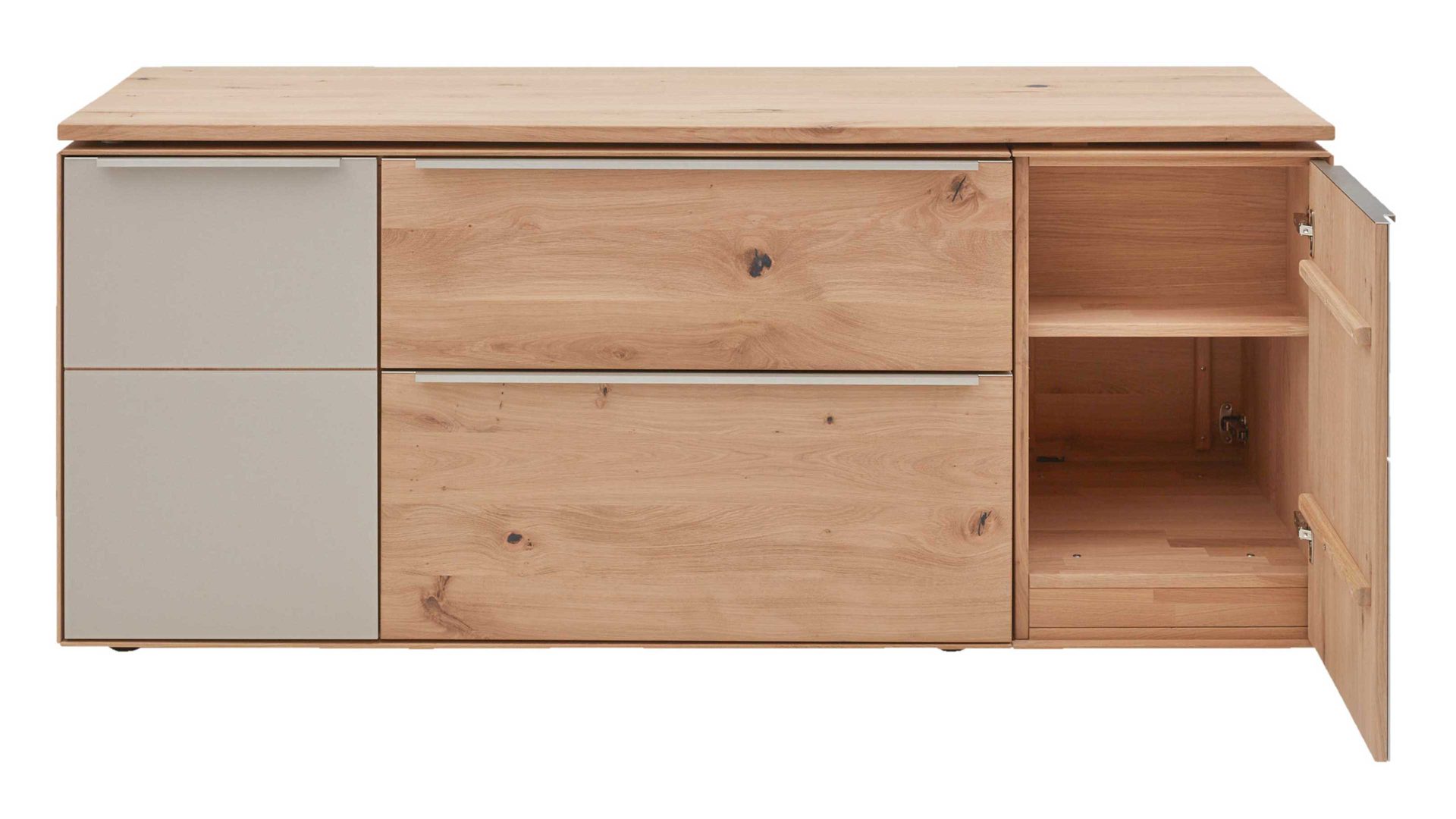Schreibtisch Interliving aus Holz in Hellgrau Interliving Wohnzimmer Serie 2020 - Verwandlungs-Sideboard Asteiche bianco & Schlamm – zwei Türen, zwei Klappen