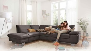 Sofa modulmaster aus Stoff in Braun Modulmaster Eckgarnitur MM-ZE1014 - saddle anthrazit Stoffbezug Saddle anthrazit & Metallfüße, inkl. 2x Sitztiefenverstellung - Schenkelmaß ca. 240 x 299 cm