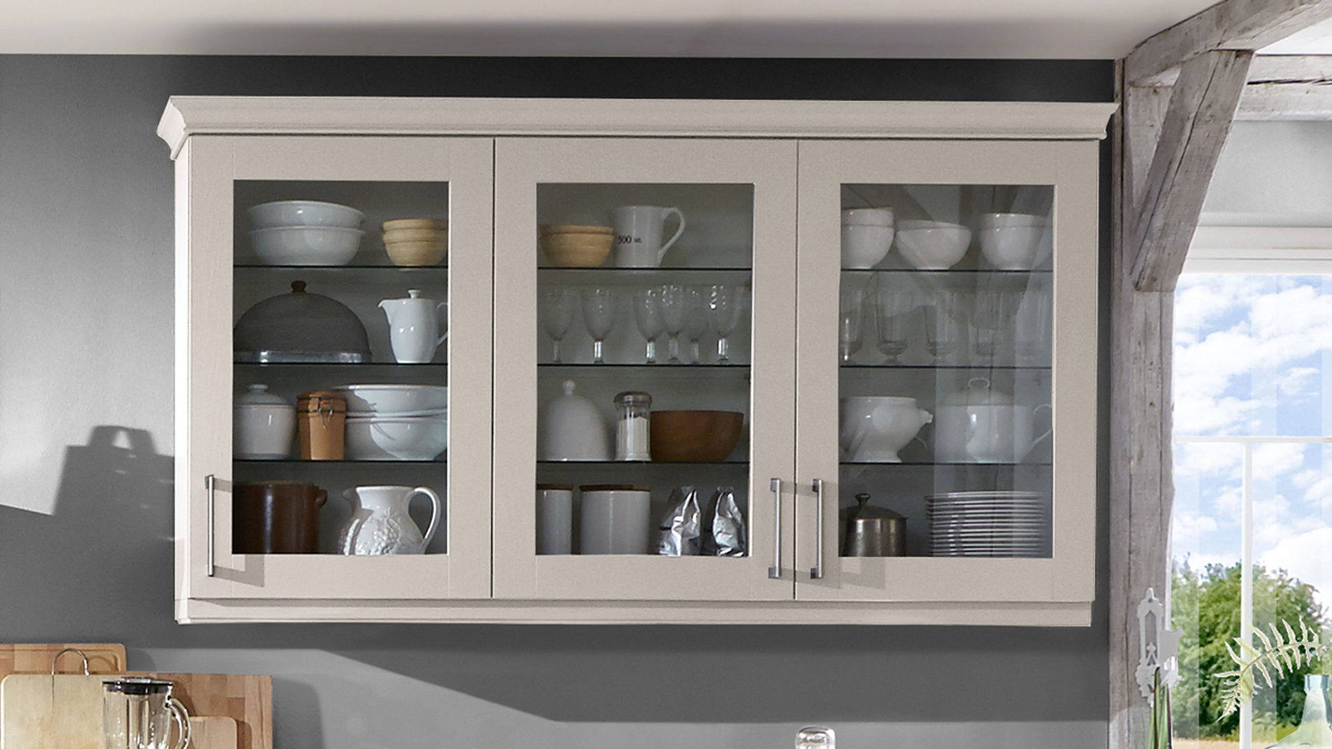 Einbauküche WERT KÜCHE® aus Holz in Hellgrau WERT KÜCHE® Carolin mit SIEMENS Elektrogeräten wie Backofen Sandgrau & Asteiche - Stellfläche ca. 400 x 289 cm