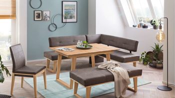 Eckbank Standard furniture factory aus Stoff in Braun Eckbank COLMAR als bequemes Sitzmöbel 192 x 167 cm braunes Flachgewebe Liberty, naturfarbene Eichenfüße