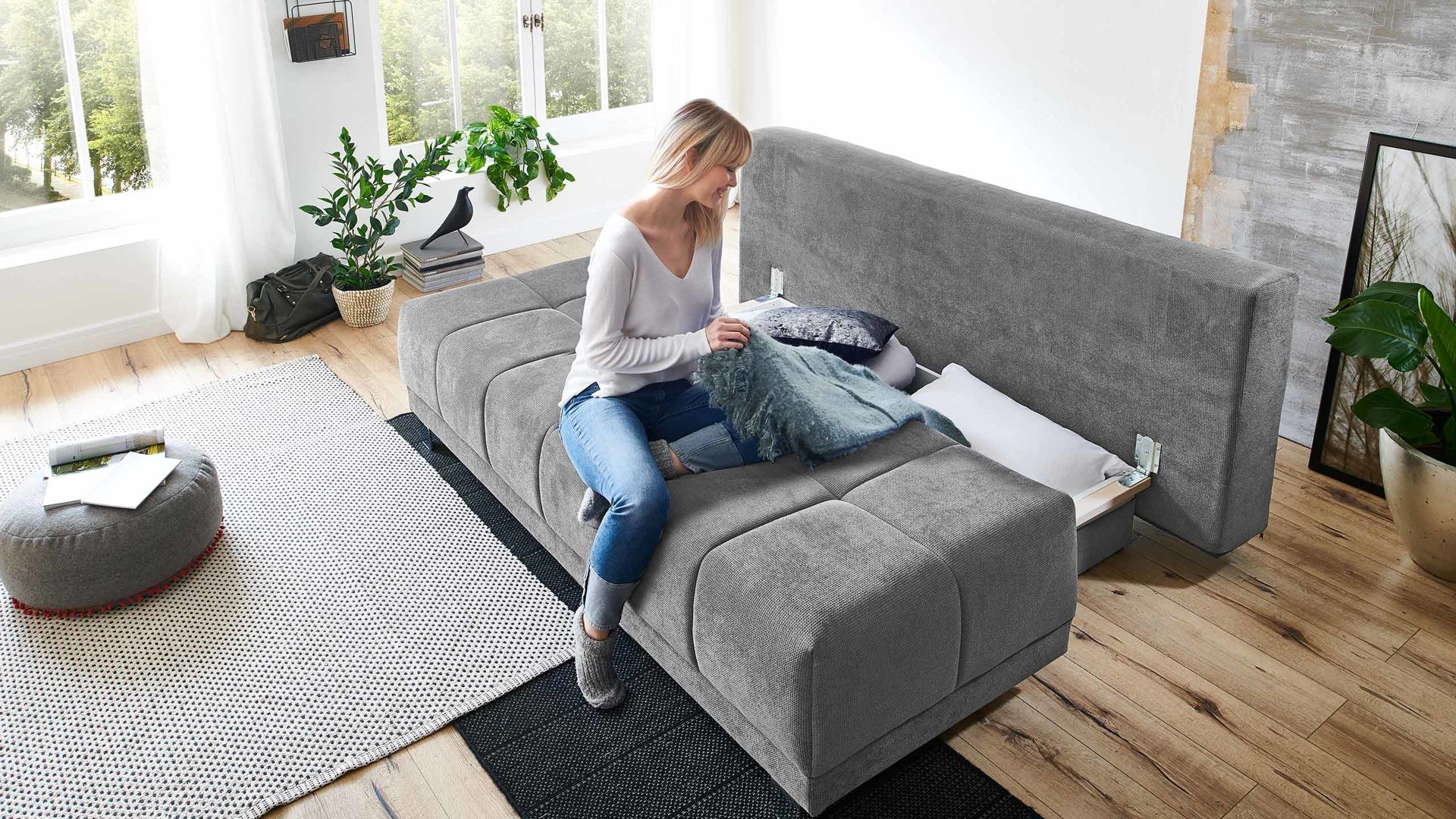 Schlafsofa Restyl aus Stoff in Dunkelgrau Restyl Querschläfer LILO Schlafsofa Funktionssofa Stoff 2-6839, Rücken echt, Boxspring, Füße chrom