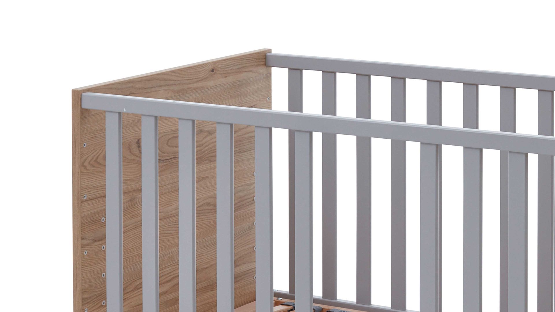 Babybett Paidi aus Holz in Hellgrau PAIDI Babyzimmerprogramm Benne - Bettgestell Kieselgrau & Montana Eiche – Liegefläche ca. 70 x 140 cm