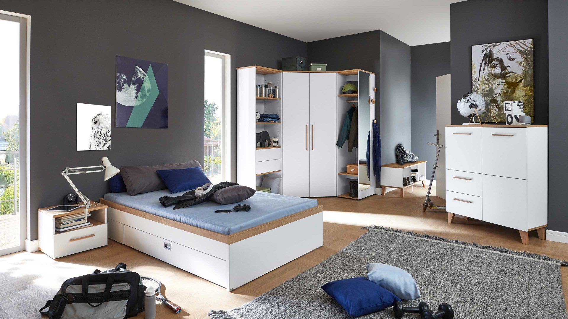 Einzelbett Paidi aus Holz in Weiß PAIDI Jugendzimmerprogramm Oscar - Studioliege Kreideweiß & Nebraska Eiche – Liegefläche ca. 90 x 200 cm