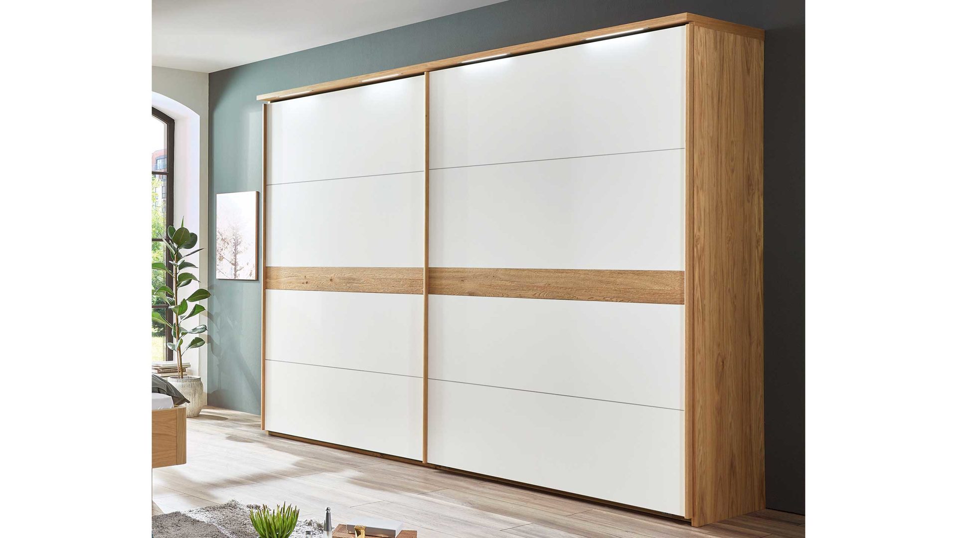 Kleiderschrank C. disselkamp aus Holz Furnier Nachbildung in Weiß Holzfarben Modulmaster Schwebetürenschrank 913008 Kleiderschrank Breite ca. 300 cm, zwei Türen - Wildeiche & Lack weiß