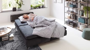 Schlafsofa Restyl aus Stoff in Anthrazit RESTYL Querschläfer Kayla Stoffbezug anthrazit & schwarze Metallfüße - ca. 150 x 203 cm