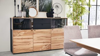 Sideboard Interliving aus Holz in Anthrazit Interliving Esszimmer Serie 5604 - Sideboard V728-0308 Anthrazit  & Eiche rustico- drei Türen, zwei Schubladen