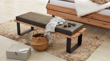 Polsterbank Interliving aus Stoff in Dunkelgrau Interliving Schlafzimmer Serie 1019 – Bettbank graues Kunstleder, Wildeiche & anthrazitfarbenes Metall – Länge ca. 140 cm