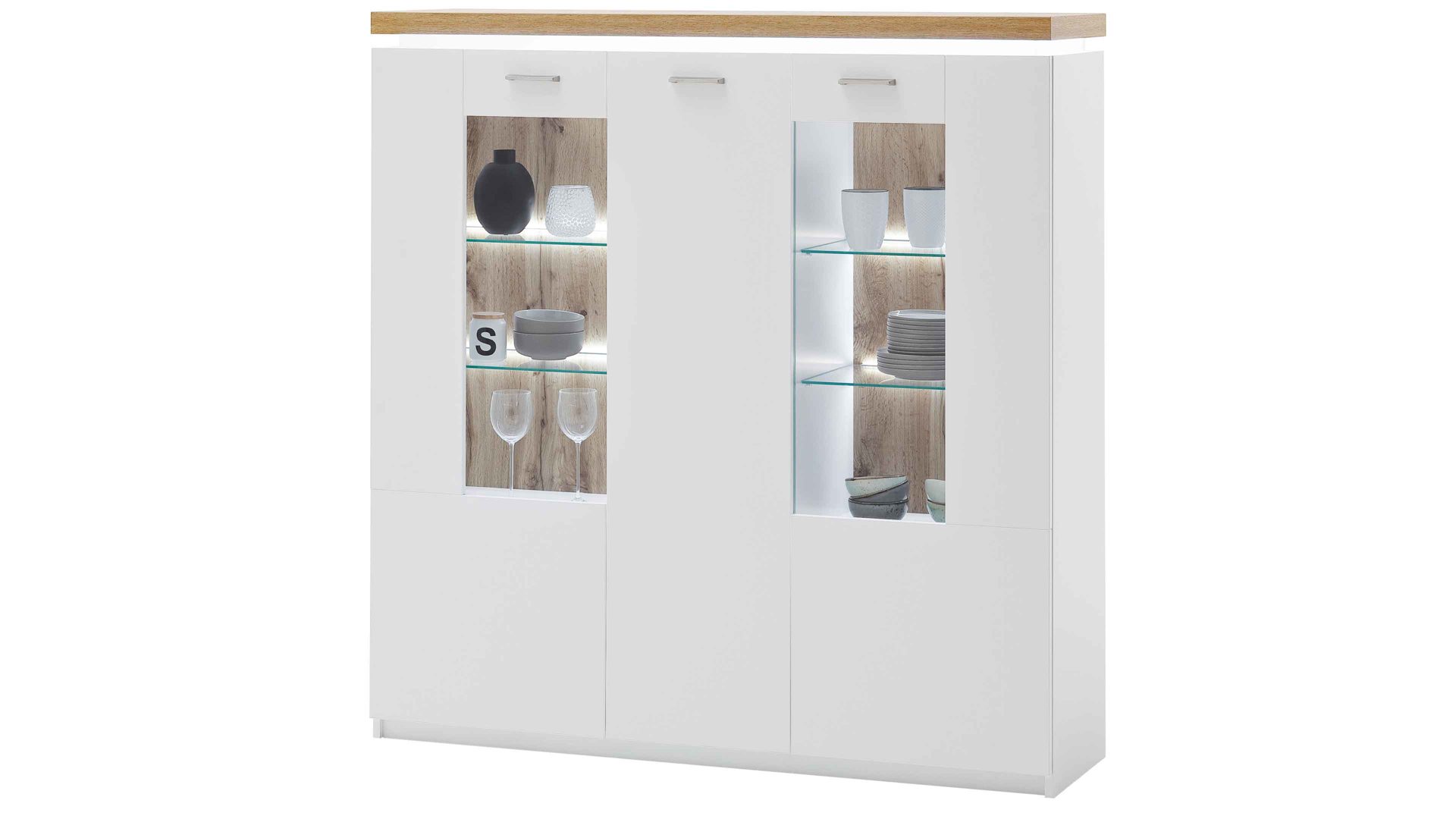 Highboard Mca furniture aus Holz in Weiß Wohnprogramm Cali - Highboard-Vitrine 05 Weiß & Wotan Eiche - drei Türen, Breite ca. 138 cm