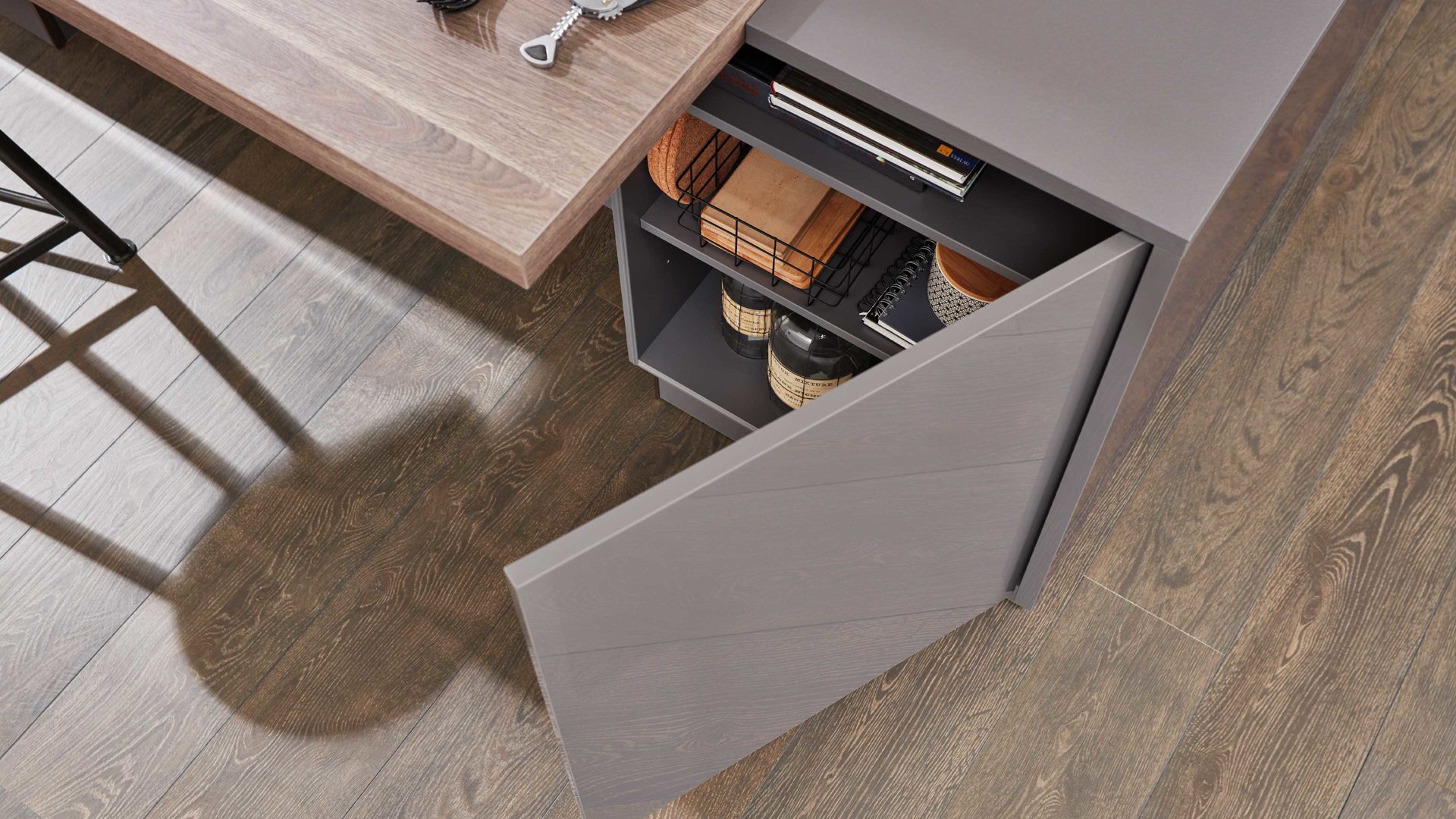 Einbauküche Interliving aus Holz in Grau Interliving Küche Serie 3042 mit SIEMENS Einbaugeräten Quarzgrau & Eiche Graphitsilber  – zweizeilig