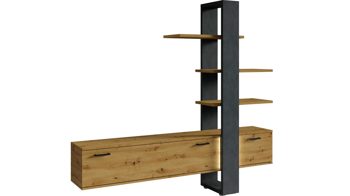 Anbauwand Helvetia aus Folie Glas Holz Kunststoff Nachbildung in Grau Holzfarben HELVETIA Anbauwand Moreno Matera grau Laminat & Eiche Artisan Folie – zweiteilig