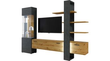 Anbauwand Helvetia aus Folie Glas Holz Kunststoff Nachbildung in Grau Holzfarben HELVETIA Anbauwand Moreno Matera grau Laminat & Eiche Artisan Folie – zweiteilig