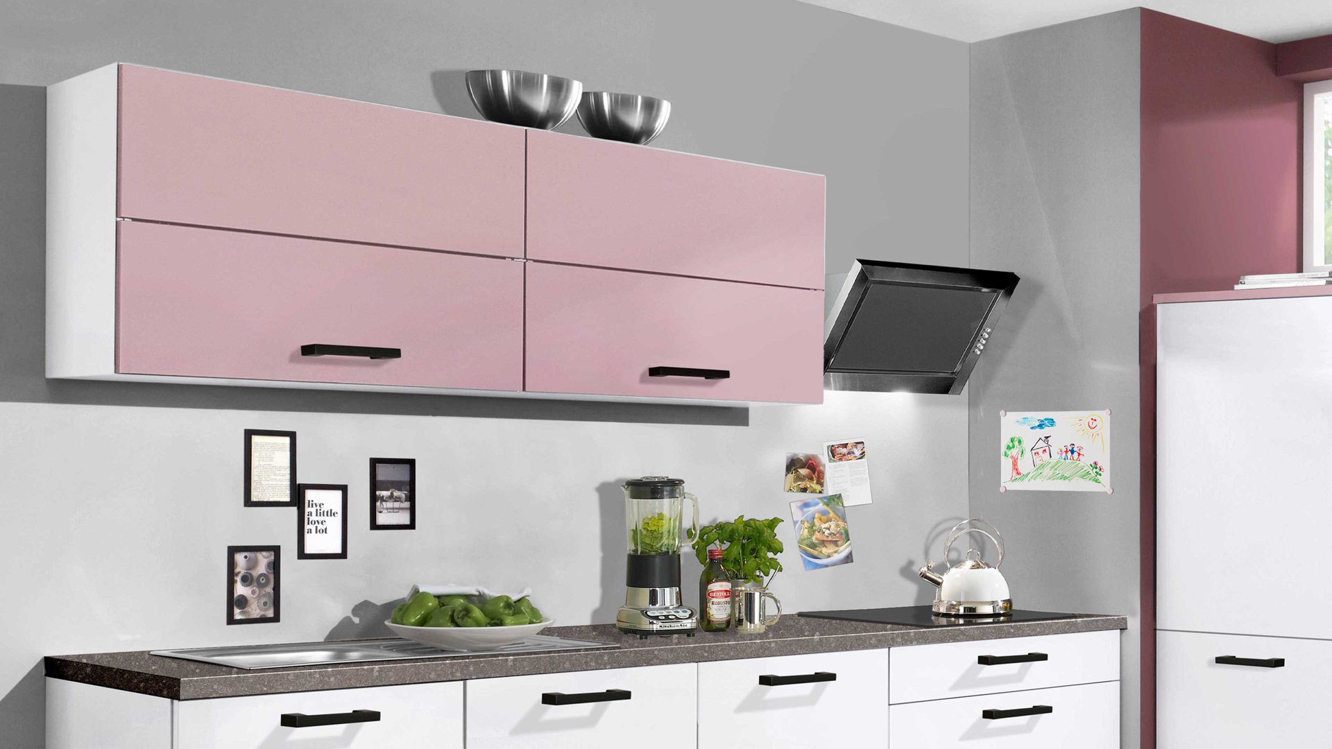 Einbauküche Pino aus Holz in Rosa pino Einbauküche inklusive Einbaugeräte Antikrosa & Weiß - zweizeilig