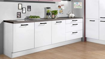 Einbauküche Pino aus Holz in Rosa pino Einbauküche inklusive Einbaugeräte Antikrosa & Weiß - zweizeilig