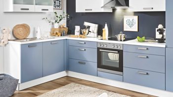 Einbauküche Pino aus Holz in Hellblau pino Einbauküche inklusive Einbaugeräte Pastellblau & Weiß - Stellfläche ca. 175 x 347 cm