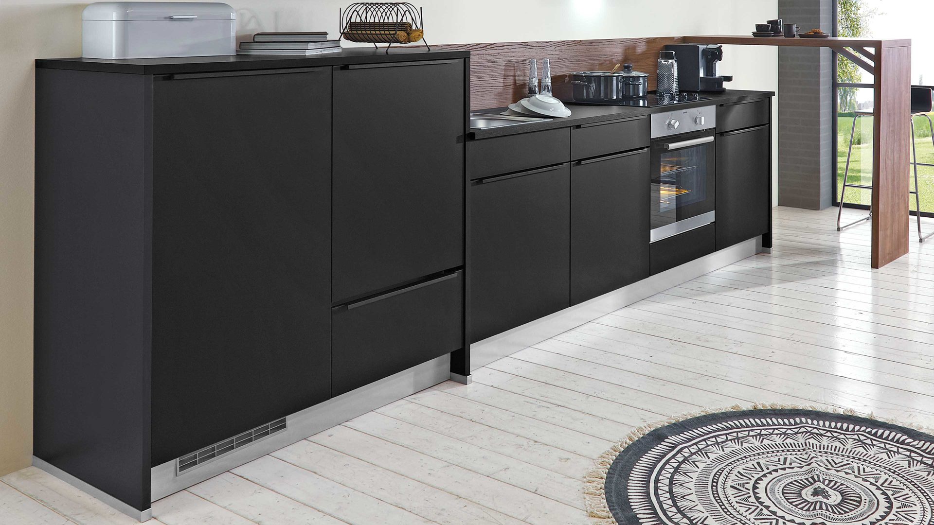 Einbauküche Express küchen aus Holz in Schwarz EXPRESS KÜCHEN Einbauküche Cleanmit IGNIS Geräten Schwarz & Nussbaum - Länge ca. 353 cm