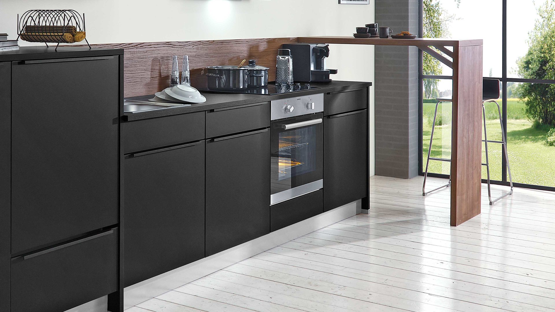 Einbauküche Express küchen aus Holz in Schwarz EXPRESS KÜCHEN Einbauküche Cleanmit IGNIS Geräten Schwarz & Nussbaum - Länge ca. 353 cm