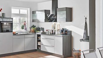 Einbauküche Express küchen aus Holz in Hellgrau EXPRESS KÜCHEN Einbauküche Win mit Geräten Hellgrau & Eiche grau - Stellfläche ca. 305 x 230 cm