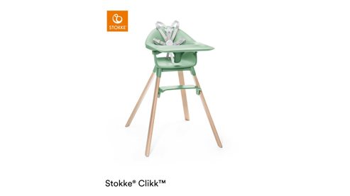 Hochstuhl Stokke aus Holz Kunststoff in Dunkelgrün Holzfarben Hell STOKKE Clikk Hochstuhl mit Zubehör clover green