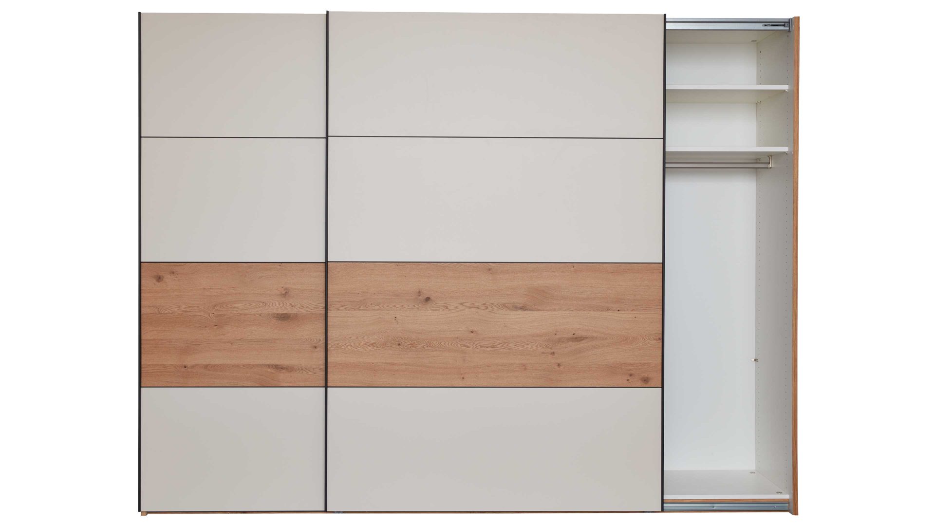 Kleiderschrank Interliving aus Holz in Beige Interliving Schlafzimmer Serie 1024 – Schwebetürenschrank Design 27,  Sand & Balkeneiche - zwei Türen, Breite ca. 301 cm