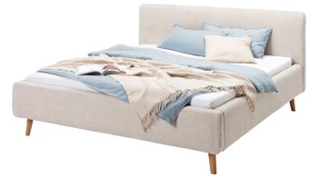 Bettgestell Meise.möbel aus Stoff in Beige Polsterbettgestell Mattis mit Bettkasten beiger Breitcord Poso 100 & Holzfüße - Liegefläche ca. 160 x 200 cm