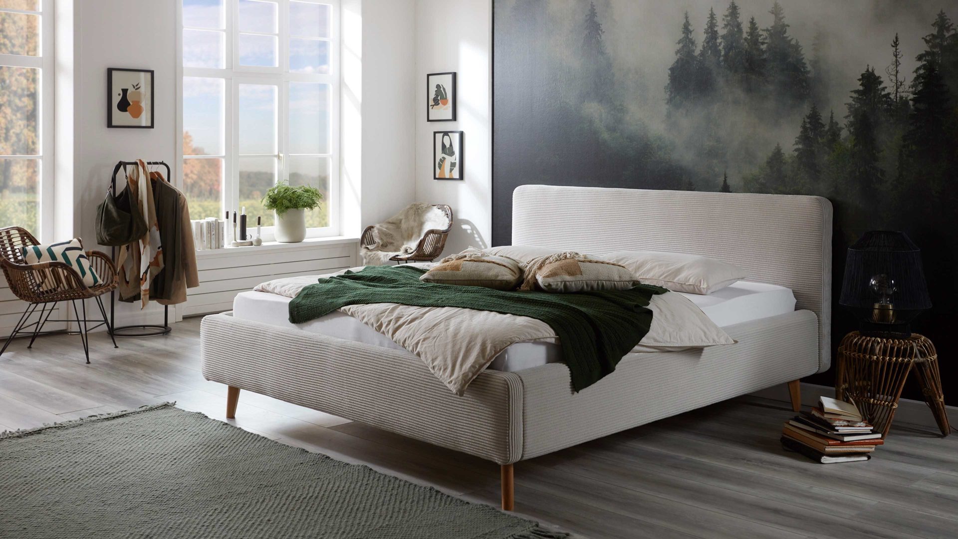 Bettgestell Meise.möbel aus Stoff in Beige Polsterbettgestell Mattis mit Bettkasten beiger Breitcord Poso 100 & Holzfüße - Liegefläche ca. 160 x 200 cm