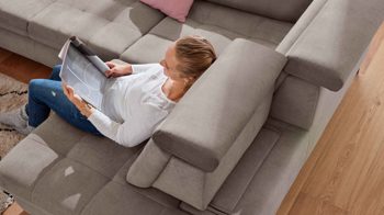 Ecksofa modulmaster aus Stoff in Hellgrau Modulmaster MM-MP1109 - Wohnlandschaft granitfarbene Chenille Nemo & schwarze Metallfüße - Stellfläche ca. 387 x 220 cm