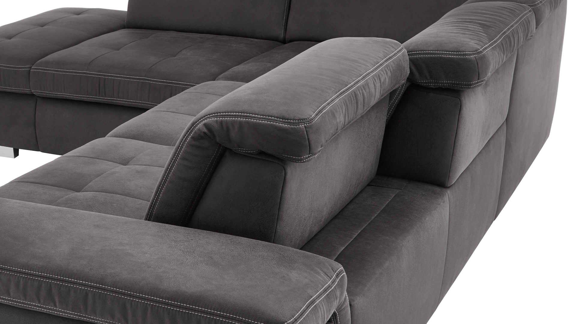 Ecksofa modulmaster aus Stoff in Anthrazit Modulmaster MM-MP1061 - Ecksofa anthrazitfarbene Mikrofaser Saddle & glänzende Metallfüße - Stellfläche ca. 244 x 320 cm