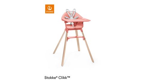 Hochstuhl Stokke aus Holz Kunststoff in Rot Holzfarben Hell STOKKE Clikk Hochstuhl mit Zubehör sunny coral