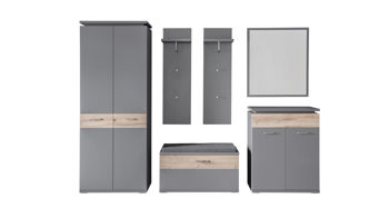 Garderoben-Set Mca furniture aus Holz Kunstharz in Grau Holzfarben MCA Garderobenserie Teneriffa Garderobe Komplett-Set grau Melamin Nachbildung & Balkeneiche – sechsteilig